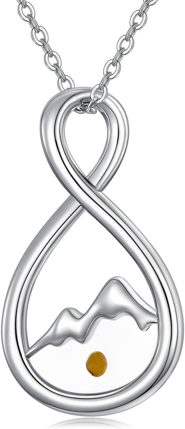 925 Sterling Silver Infinity Faith Moves Mountains Amber Pendant Necklace-0-0