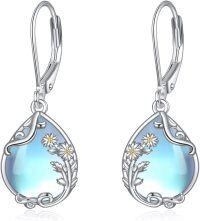 wholesale 925 Sterling Silver Blue Moonstone Daisy Floral Vine Drop Leverback Earrings-4-Daisy