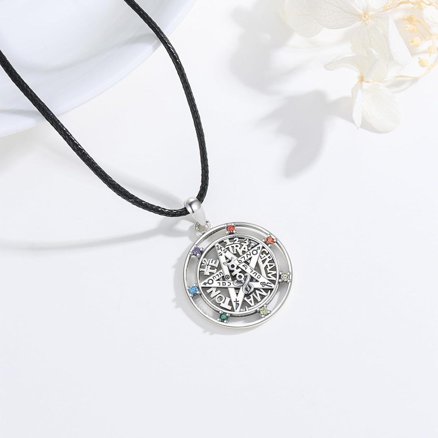 Sterling Silver Chakra Pentagram Amulet Necklace for Women Men-0-5