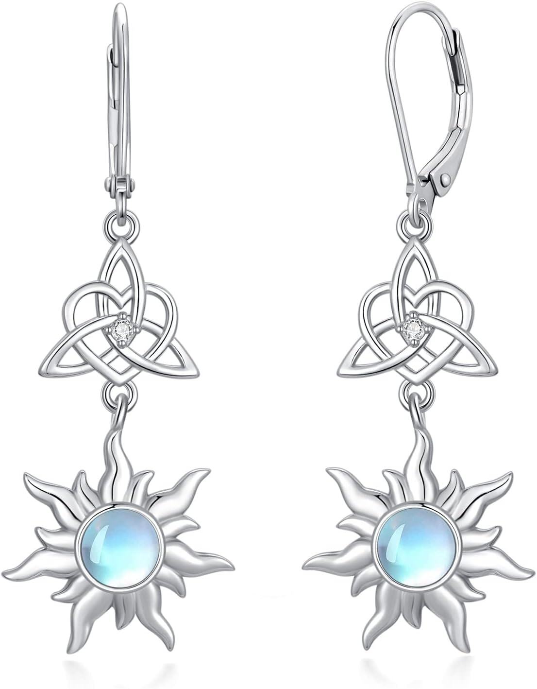 925 Sterling Silver Celtic Moonstone Sun Leverback Filigree Drop Earrings-0-0