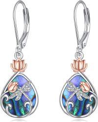 wholesale 925 Sterling Silver Teardrop Dragonfly Lotus Flower Drop Earrings with Labradorite and Shell Inlay-08-Abalone Shell Earrings