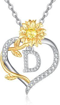 wholesale Gold Plated 925 Sterling Silver Sunflower Letter Heart Pendant Necklace for Women-Letter D