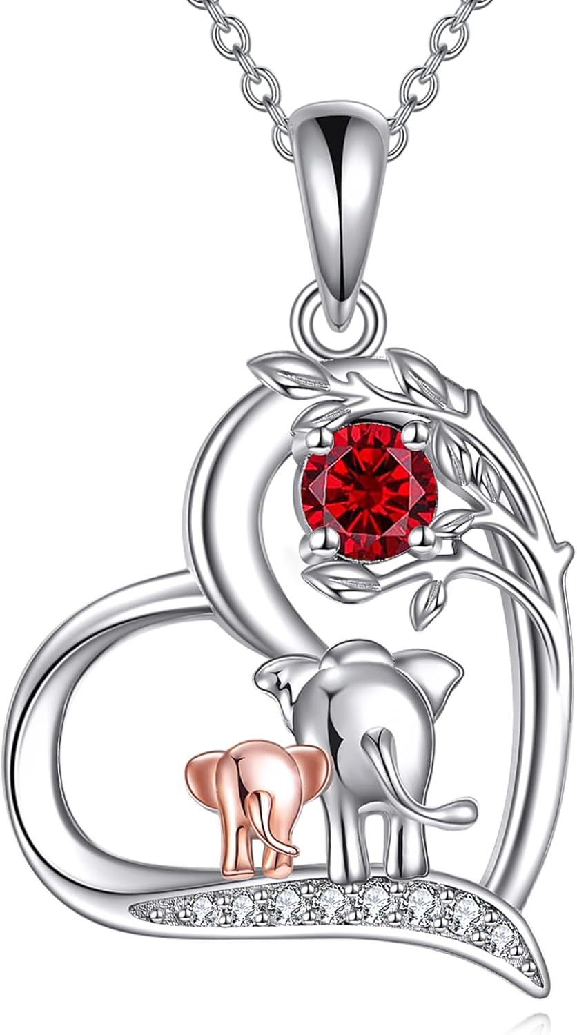  Sterling Silver Birthstone Elephant Pendant Necklace Cute Animal Jewelry Gift for Women Mom Wife -01-January Garnet