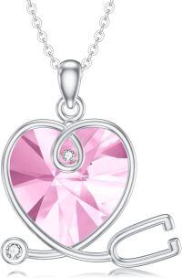 wholesale Sterling Silver Heart Crystal Stethoscope Necklace for Nurse Doctor Women-October Sterling Silver
