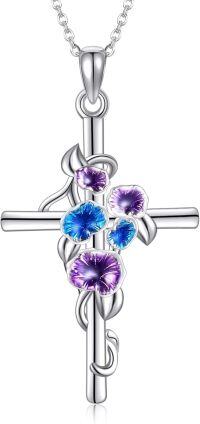 wholesale 925 Sterling Silver Floral Cross Pendant Necklaces with Purple and Blue Stones for Women's-Morning Glory