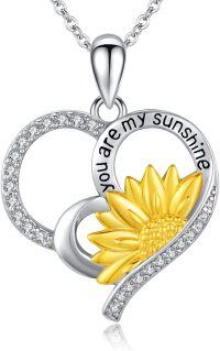 wholesale 925 Sterling Silver Heart-Shaped Pendant Necklace with Gold Sunflower and You Are My Sunshine Inscription-sunflower heart