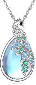 wholesale 925 Sterling Silver Blue Moonstone & Green Crystal Peacock Pendant Necklace for Women-0-0