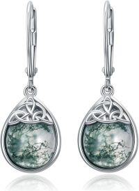 wholesale 925 Sterling Silver Green Moss Agate Triquetra Drop Earrings-Celtic Knot