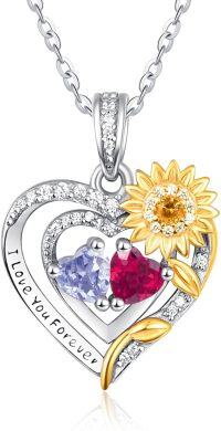 wholesale Sterling Silver 2 Birthstones Sunflower Heart Necklace for Women-06-07-Jun-Jul