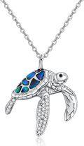 wholesale 925 Sterling Silver Blue Abalone Shell Inlay Sea Turtle Charm Pendant Necklace with Cubic Zirconia Accents and Extender Chain (14+3)-0-0