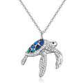 wholesale 925 Sterling Silver Blue Abalone Shell Inlay Sea Turtle Charm Pendant Necklace with Cubic Zirconia Accents and Extender Chain (14+3)-0-0