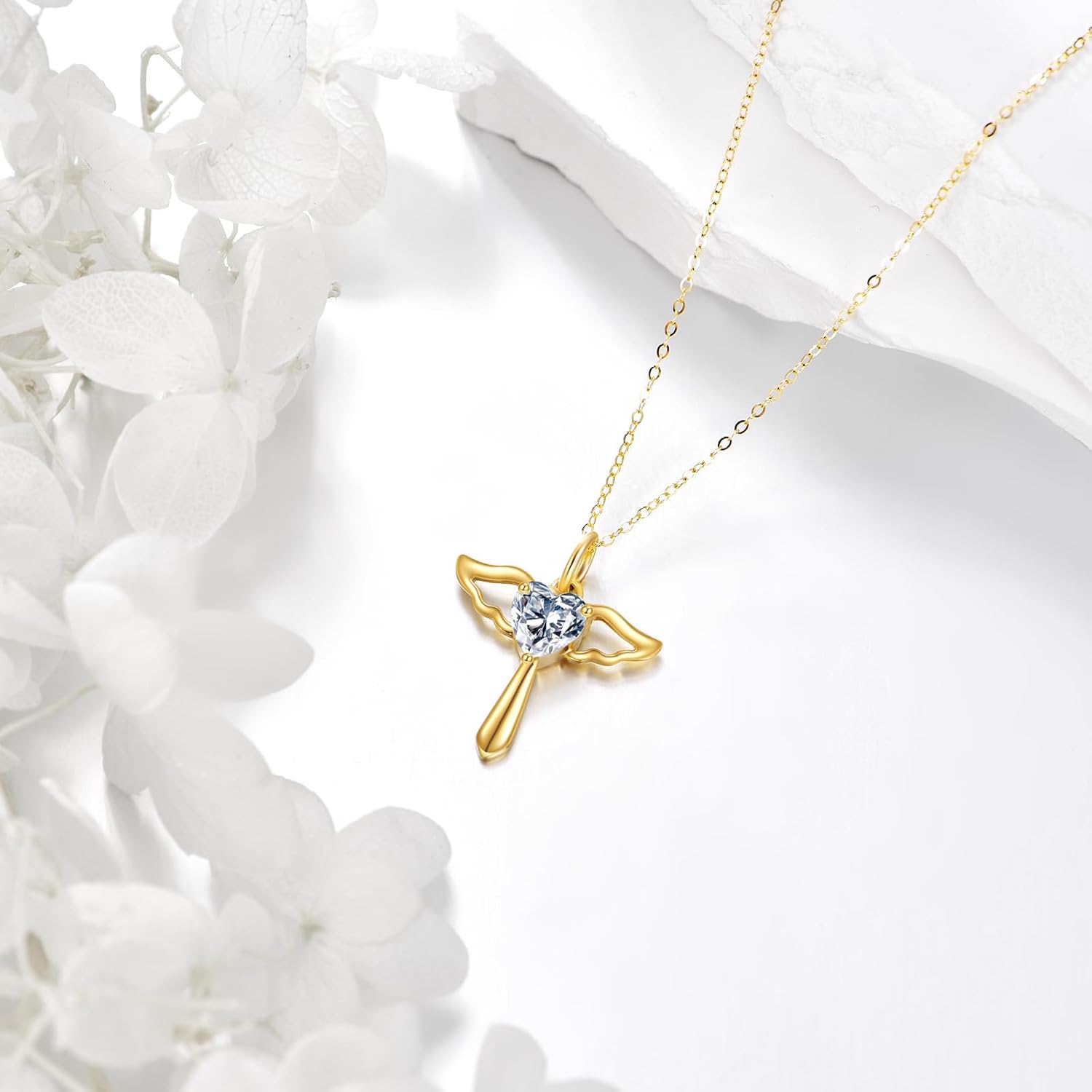 wholesale 14K Gold Angel Wings Heart Shaped Crystal Pendant Necklace for Women-0-2
