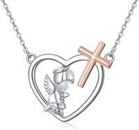 wholesale 925 Sterling Silver Angel in Heart Cross Pendant Necklace with Rose Gold Tone Stone  for Girls and Goddaughters-Angel
