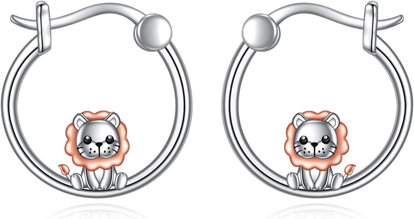 Sterling Silver Animal Hoop Earrings Fox Bear Penguin Axolotl Octopus Raccoon Christmas Gifts for Women-lion earrings