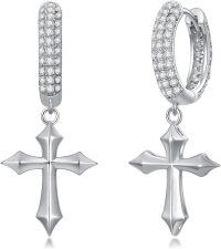 wholesale Silver Cross Pendant Hoop Earrings 925 Sterling Silver Jewelry for Men & Women-CZ Earrings