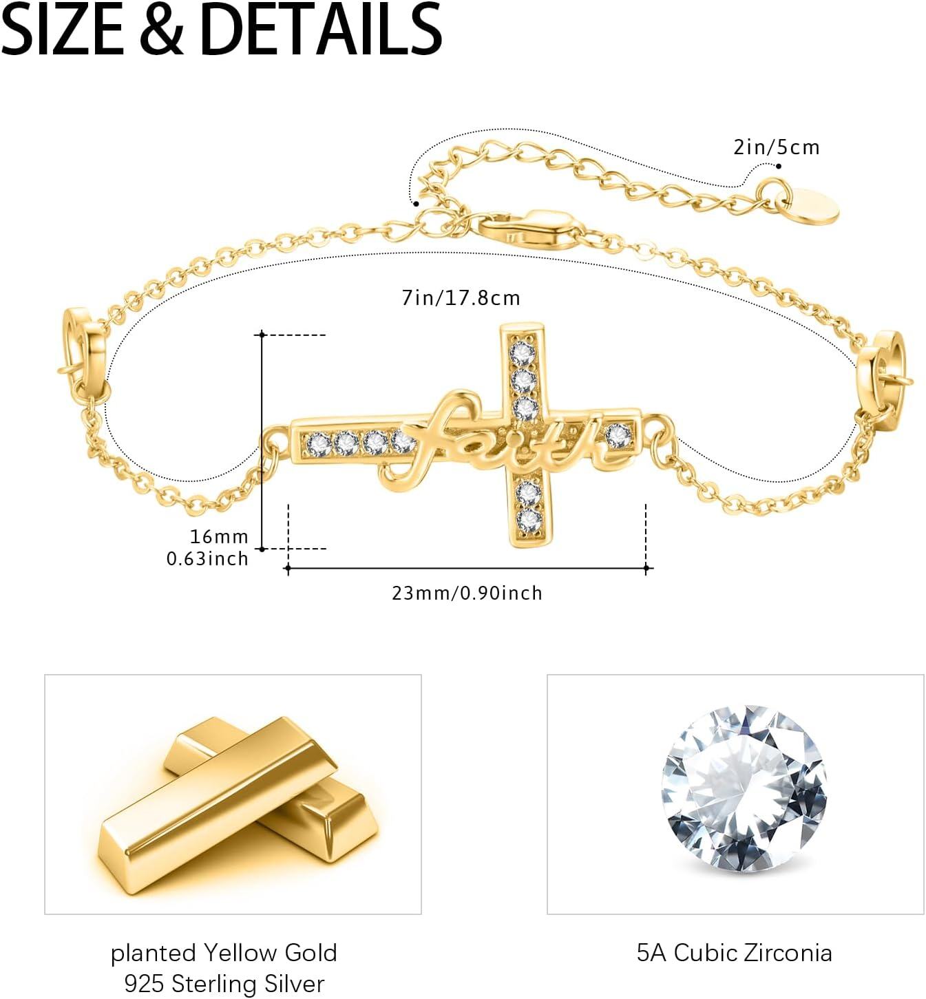 wholesale Gold 925 Sterling Silver Faith Cross Bracelet - Christian Religious Jewelry - Adjustable Length Confirmation Gift for Women & Girls-0-4
