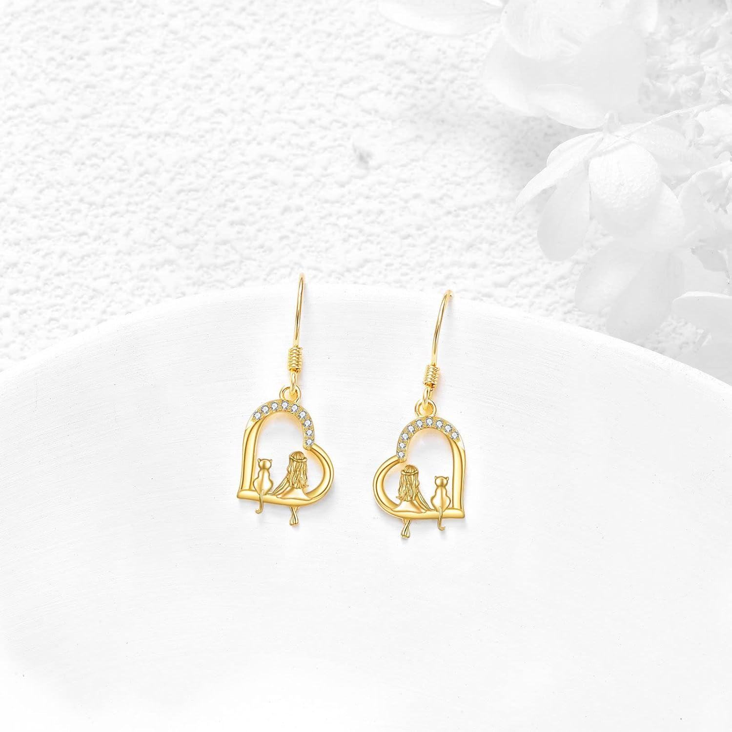 14K Gold Cat Drop Earrings for Women Real 14K Yellow Gold Dangle Jewelry Birthday Gifts for Her-0-2