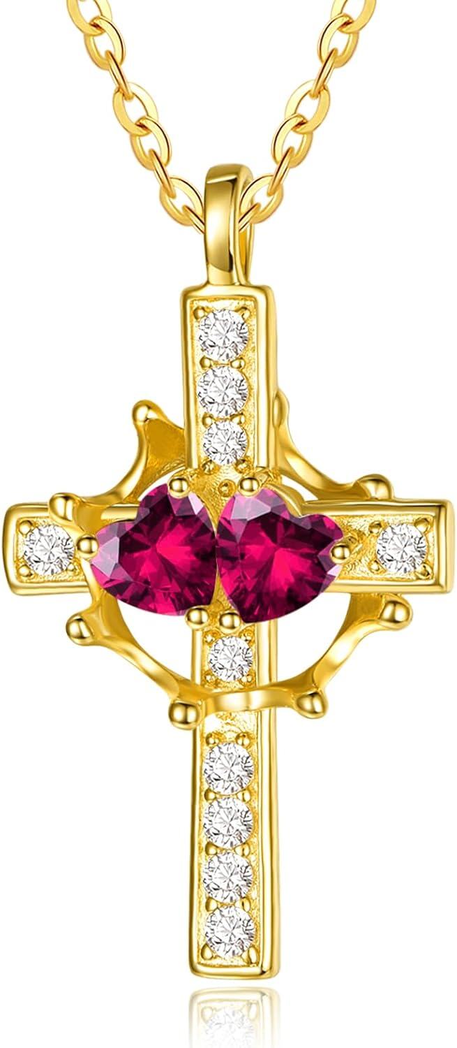 Sterling Silver Birthstones Gold Cross Necklace for Women -07-07-Jul-Jul-07-07-Jul-Jul