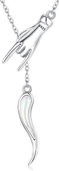 wholesale 925 Sterling Silver Hand & Cornicello Pendant Necklace - Good Luck Charm Jewelry-mother of pearl