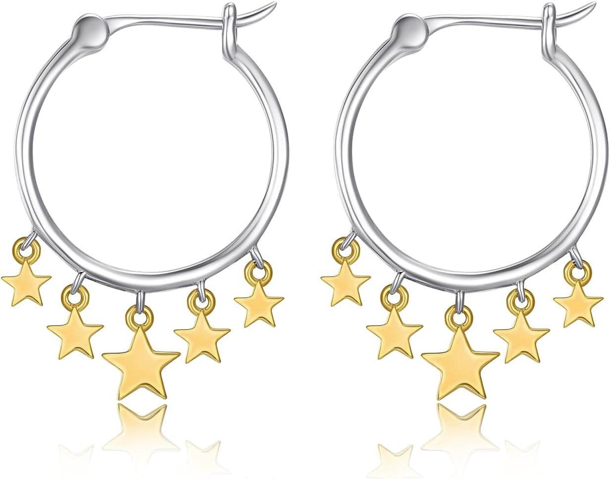 Sterling Silver Gold Plated Star Huggie Hoop Earrings for Women-Star Hoop Dangle Earrings
