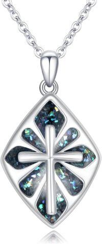 wholesale 925 Sterling Silver Abalone Shell & Malachite Stone Inlay Cubic Zirconia Cut Cross Pendant Necklaces for Women and Girls s 45cm Chain Length (Silver)-Gravel Abalone Shell Cross Necklace
