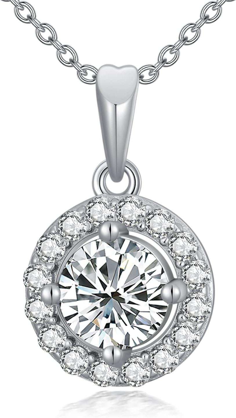 18K White Gold Plated Silver Moissanite 1ct D Color Round Halo Pendant Necklace 18+2 -0-0