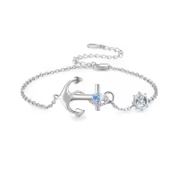 wholesale 925 Sterling Silver Metal Adjustable Nautical Anchor Charm Bracelet with Blue Crystal and Ship Wheel Pendant for Women-A-Anchor Bracelets