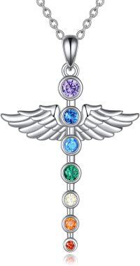 wholesale 925 Sterling Silver Chakra Healing Crystal Angel Tree of Life Lotus Dragonfly Pendant Necklaces Gifts for Women-B-Angel Wing Chakra Necklace