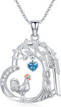 wholesale 925 Sterling Silver Heart-Shaped Blue Crystal Pendant Necklace with Rooster Design - Gifts for Women-0-0