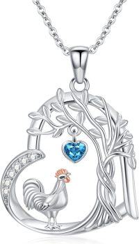 wholesale 925 Sterling Silver Heart-Shaped Blue Crystal Pendant Necklace with Rooster Design - Gifts for Women-Chicken