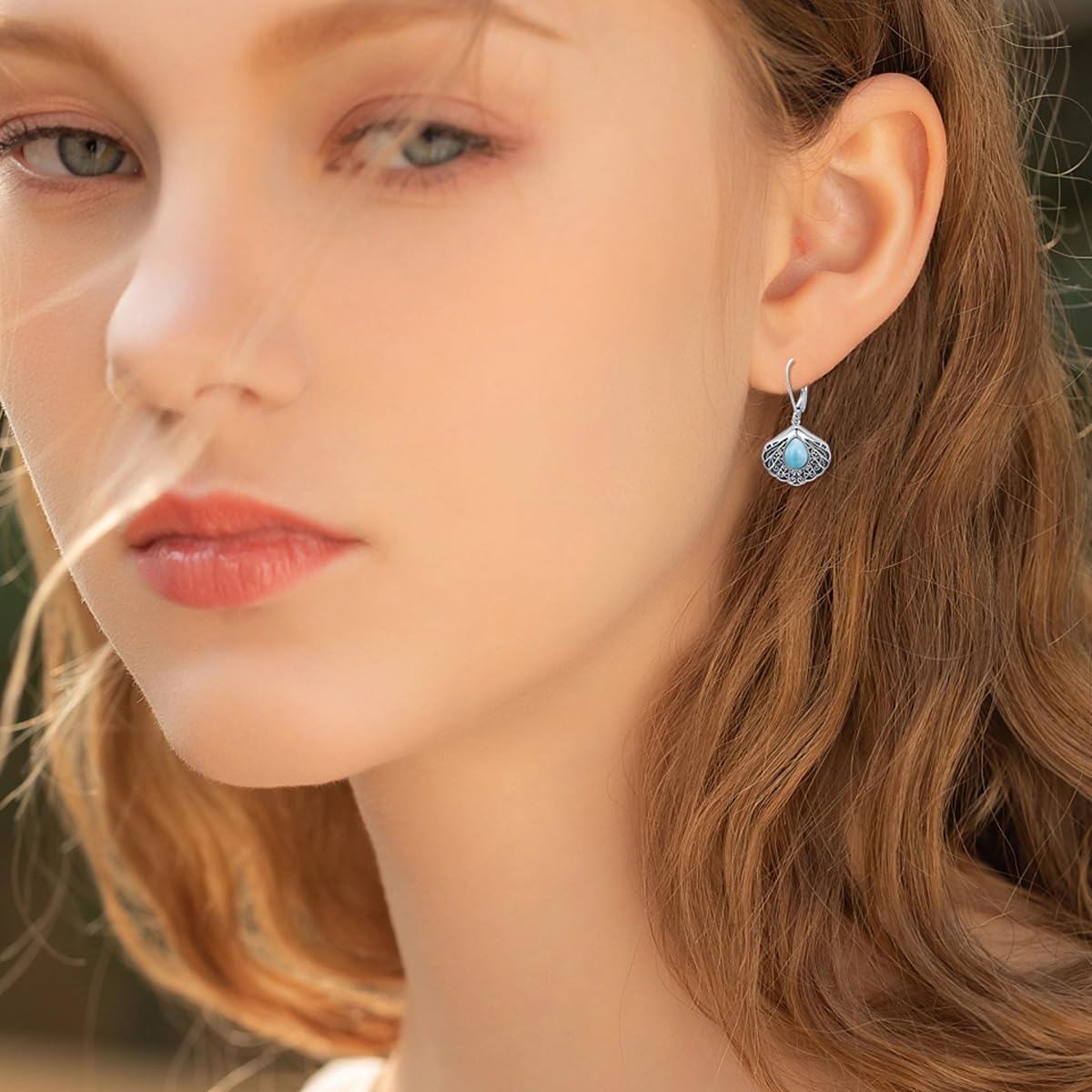 925 Sterling Silver Larimar Shell Drop Earrings-0-2