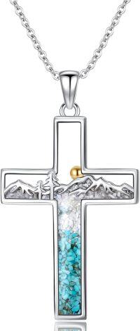 wholesale 925 Sterling Silver Mountain Cross Pendant with Turquoise and Mustard Seed Elements Nature Faith Jewelry for Women-Turquoise-Sun