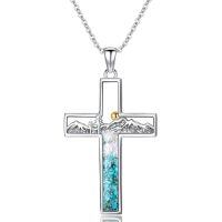 wholesale 925 Sterling Silver Mountain Cross Pendant with Turquoise and Mustard Seed Elements Nature Faith Jewelry for Women-Turquoise-Sun