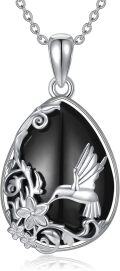wholesale 925 Sterling Silver Hummingbird & Flower Design Black Onyx and White Topaz Gemstones Pendant Necklaces for Women s 43cm Chain Length-0-0