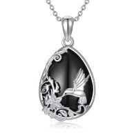wholesale 925 Sterling Silver Hummingbird & Flower Design Black Onyx and White Topaz Gemstones Pendant Necklaces for Women s 43cm Chain Length-Black Onyx Hummingbird