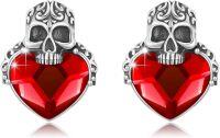 wholesale 925 Sterling Silver Red Crystal Heart & Skull Stud Earrings - Gothic Jewelry for Women and Men-Skull Stud Earrings - Red Crystal