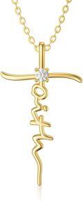 wholesale 14k Gold Faith Cross Necklace with Moissanite Hope Believe Pendant Religious Jewelry for Women Anniversary Birthday Mother's Day Gifts for Mom Wife 16+2 inch-0-0