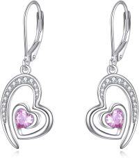 wholesale 925 Sterling Silver Pink Crystal Double Heart Drop Earrings for Women Mother's Day Gift-pink crystal heart earrings