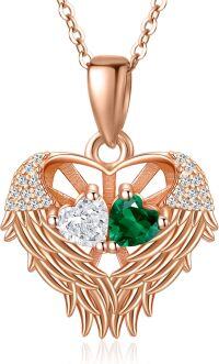 wholesale Sterling Silver 2 Birthstones Angel Wings Necklace for Women-04-05-Apr-May