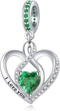 wholesale 925 Sterling Silver Heart Birthstone Charms for Bracelets Jewelry Gifts-Dangle - May - Emerald