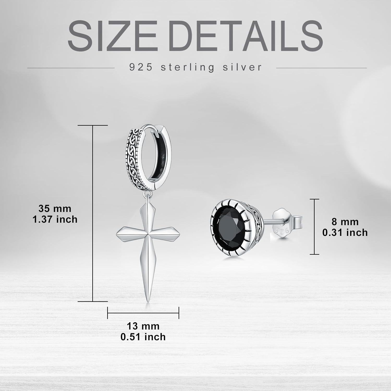 wholesale 925 Sterling Silver Black CZ Cross Stud & Huggie Hoop Earring Set for Men/Women-0-3