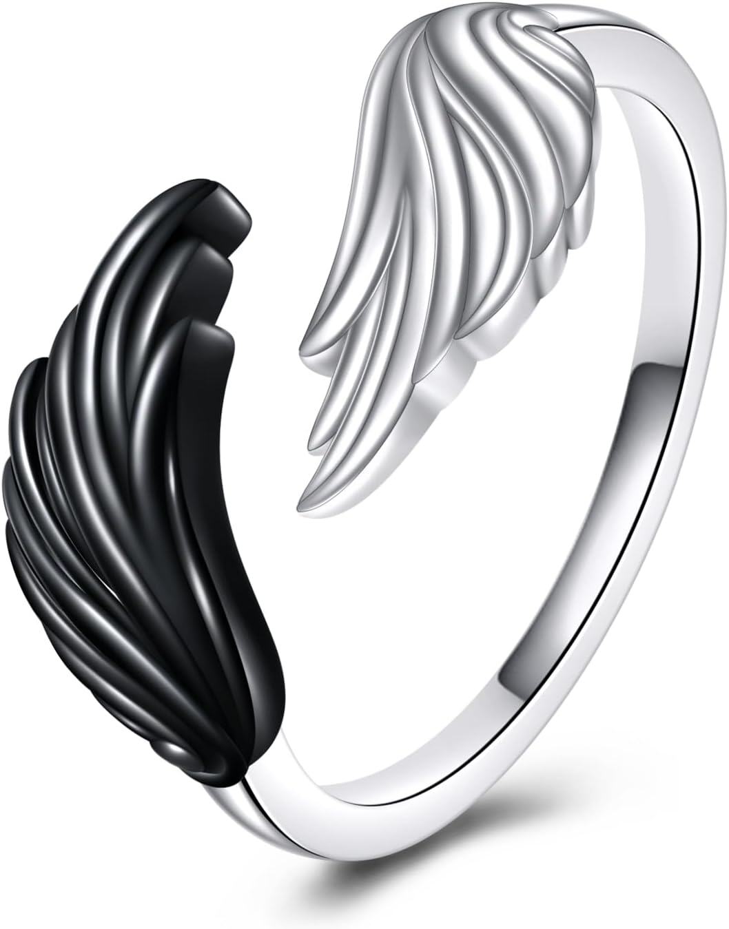 925 Sterling Silver Black & White Angel Wing Adjustable Ring for Women-0-0