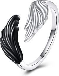 wholesale 925 Sterling Silver Black & White Angel Wing Adjustable Ring for Women-Angel Wings