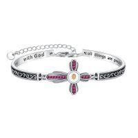 wholesale 925 Sterling Silver Cross Bracelet Wholesale With Pink Stones And Engraved Inspirational Message-July