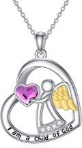 wholesale 925 Sterling Silver Heart-Shaped Purple Crystal Guardian Angel Pendant Necklace for Women's Birthdays Gifts-0-0