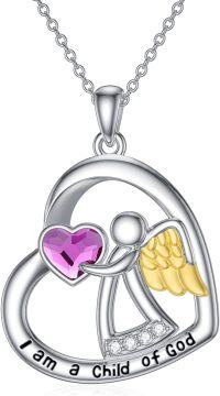 wholesale 925 Sterling Silver Heart-Shaped Purple Crystal Guardian Angel Pendant Necklace for Women's Birthdays Gifts-Heart