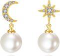 wholesale 14K Gold Moon & Star Freshwater Pearl Dangle Drop Earrings for Women Wedding-0-0