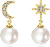 wholesale 14K Gold Moon & Star Freshwater Pearl Dangle Drop Earrings for Women Wedding-Moon Star