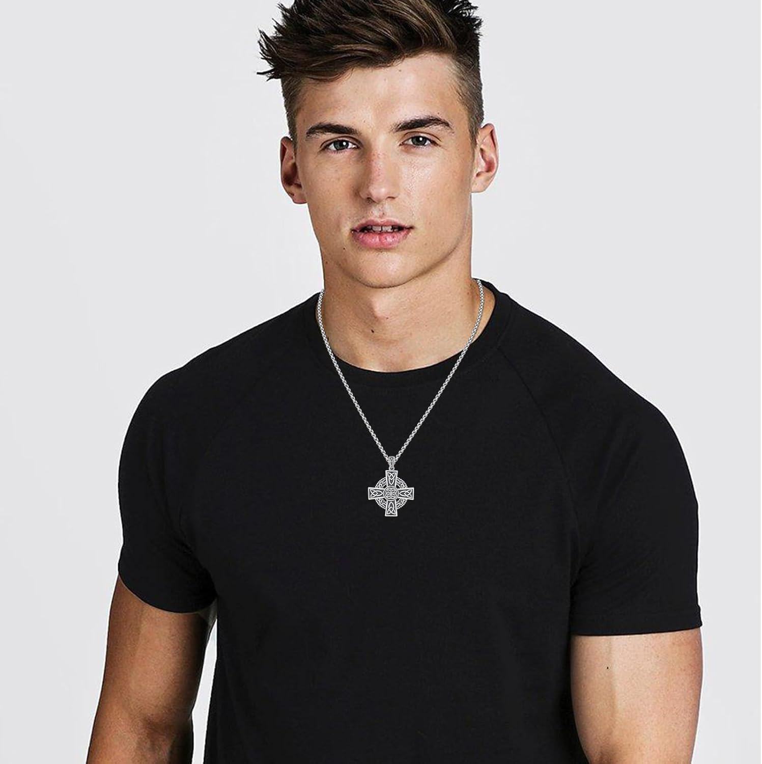 925 Sterling Silver Celtic Knot Cross Pendant Necklace Norse Viking Jewelry for Men Women-0-1