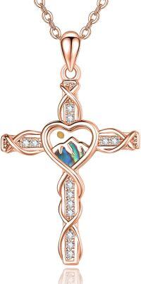 wholesale Rose Gold 925 Sterling Silver Heart-Shaped Mountain and Cubic Zirconia Cross Pendant Necklace for Women-Rose